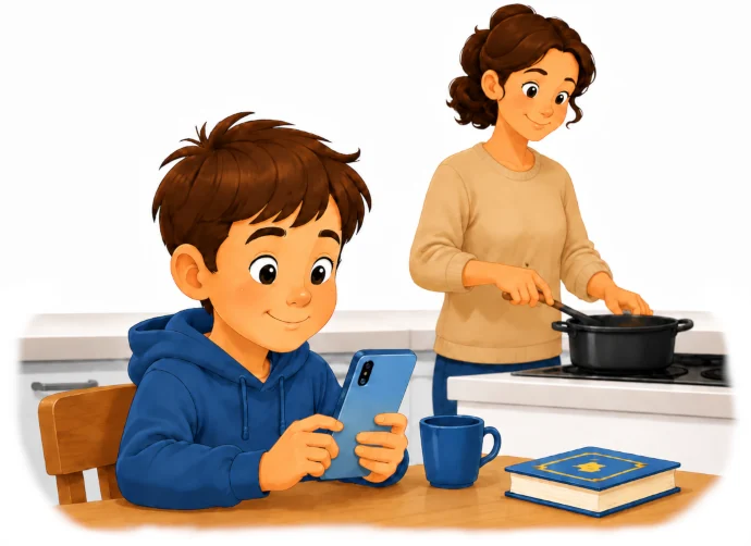 Bambino con smartphone accompagnato da un genitore